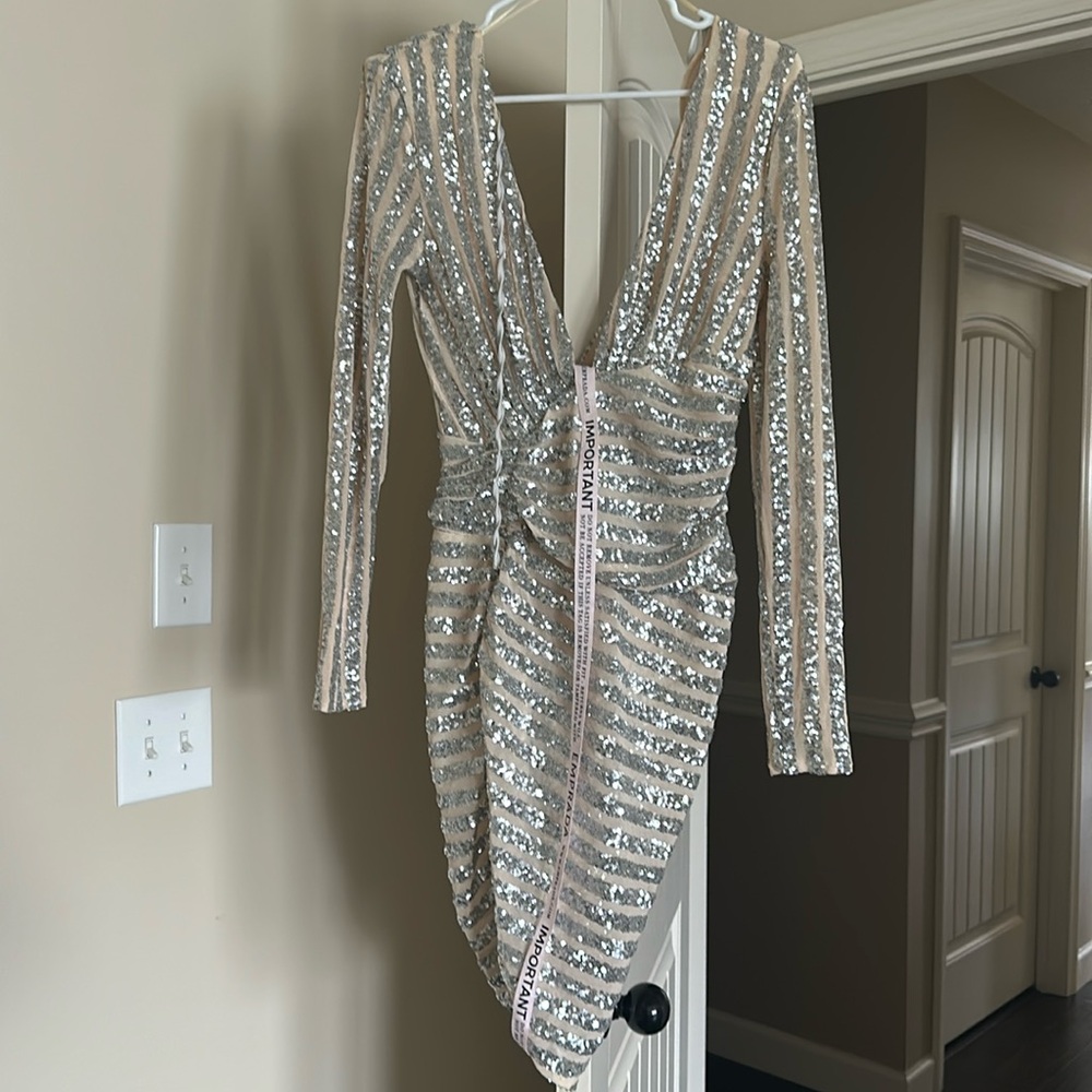 Nude silver sequin stripe Drape Mini Dress